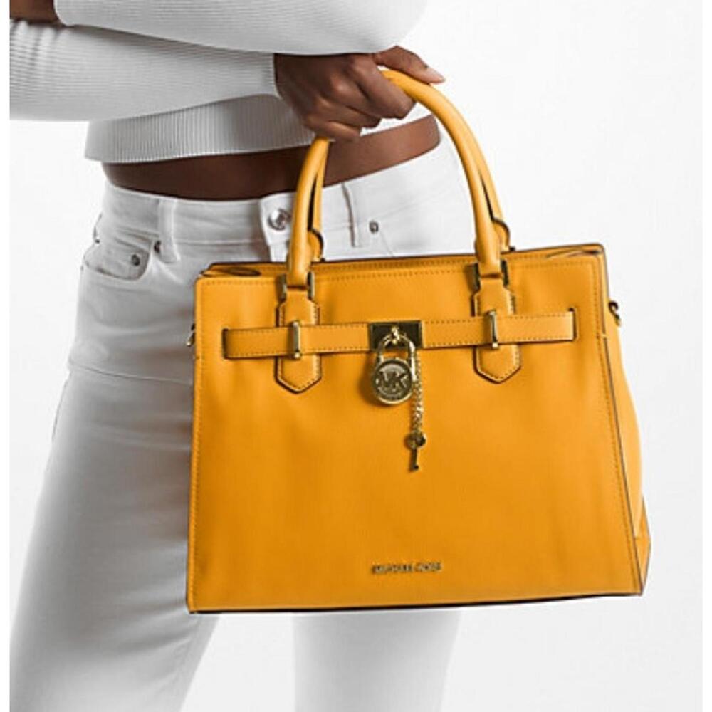 Michael Kors Hamilton Medium Leather Satchel In Golden Rod Color NWT - Picture 9 of 9